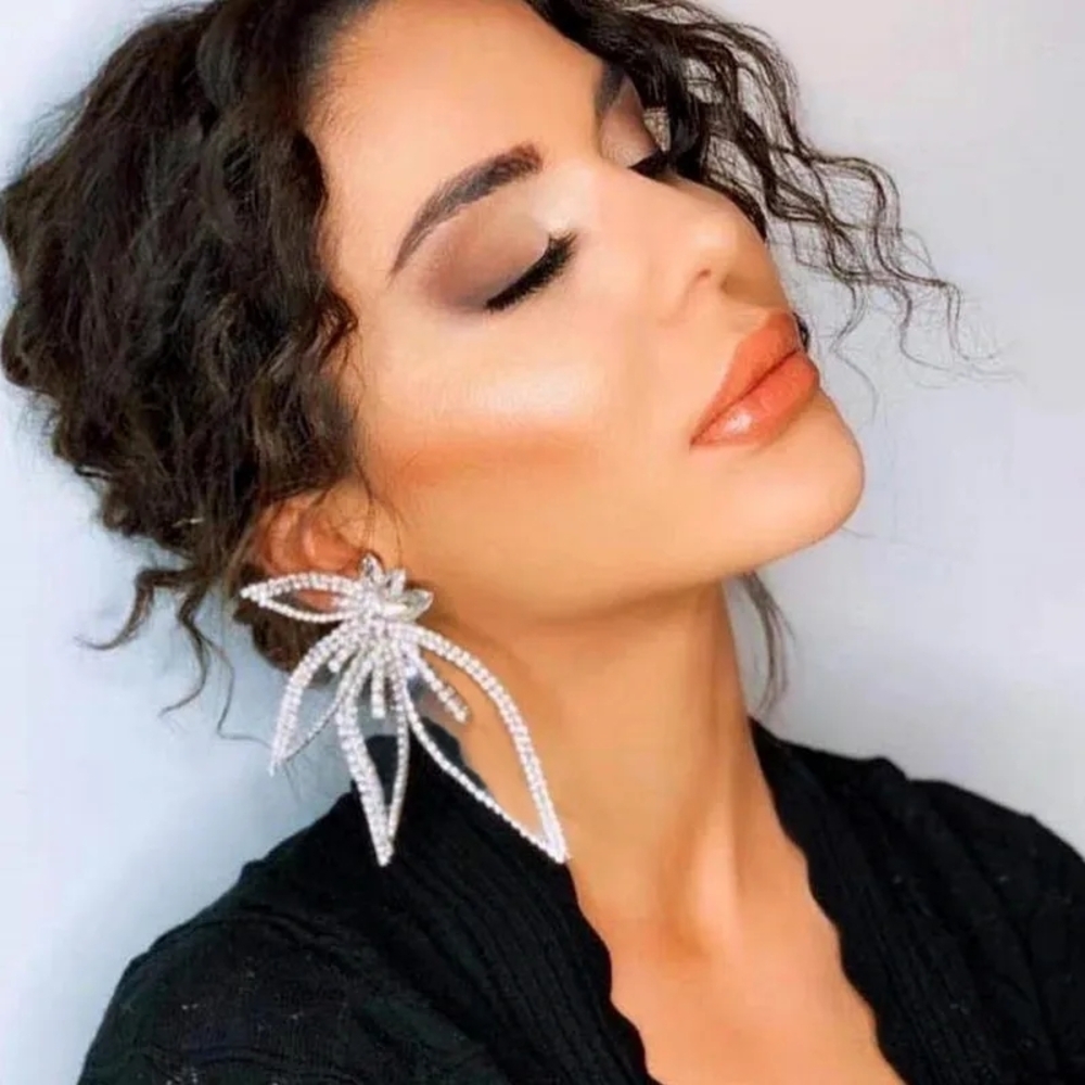 Elegant Silver Crystal Leaf Earrings